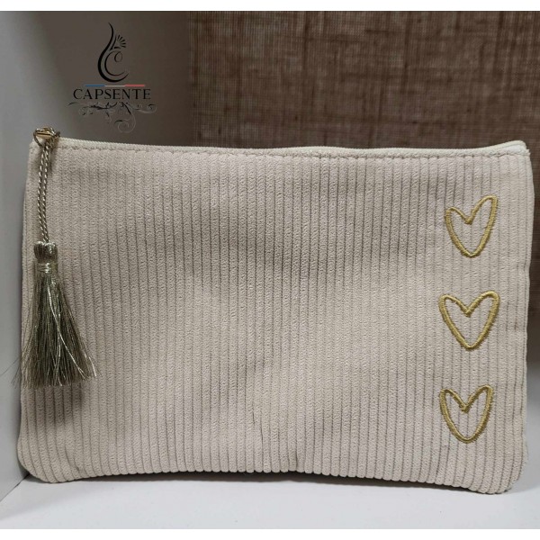 Pochette cœurs velours : noire, beige, bleue ou kaki