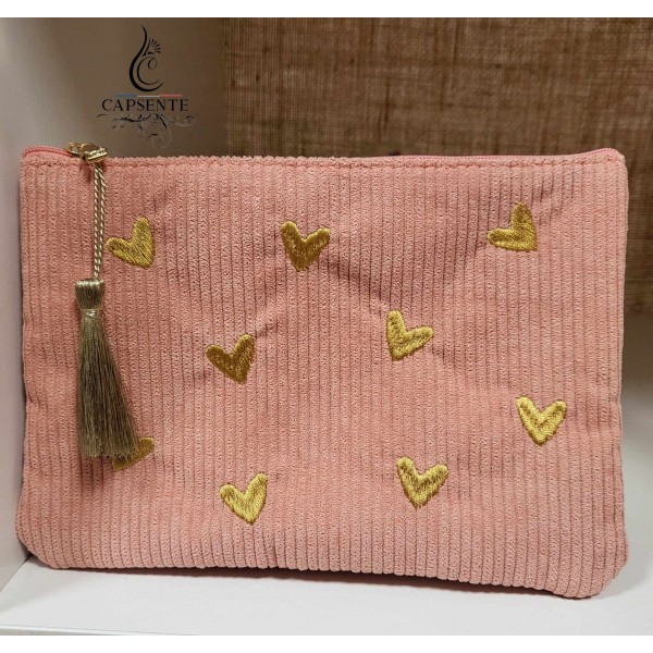 Pochette petits cœurs velours vert d'eau ou blush