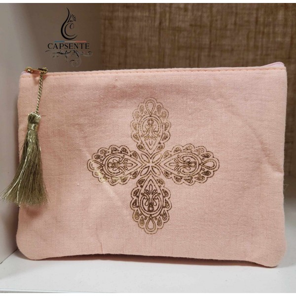 Pochette coton croix florale noire ou rose poudré