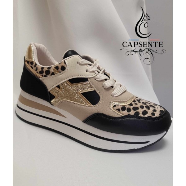 Baskets noir beige doré léopard