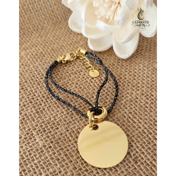Bracelet LÉO a graver. Médaille en acier inoxydable doré sur cordon lurex noir brillant